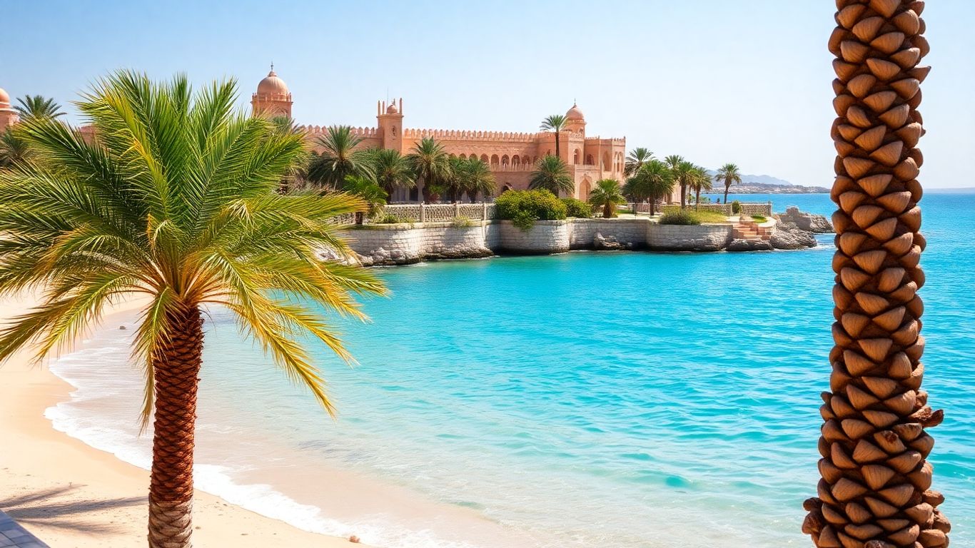 Plaża w Omanie z palmami i architekturą