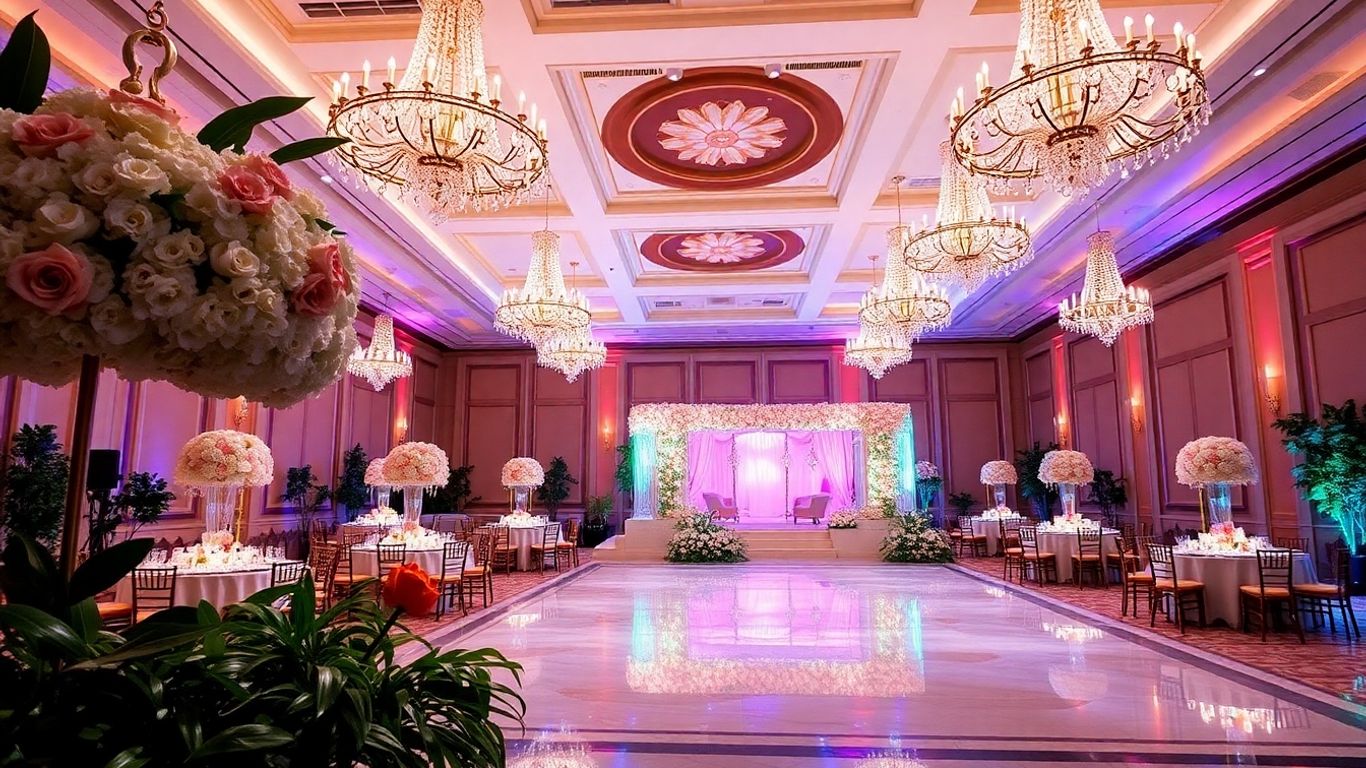 Elegant ballroom with chandeliers, flowers, and dance floor.