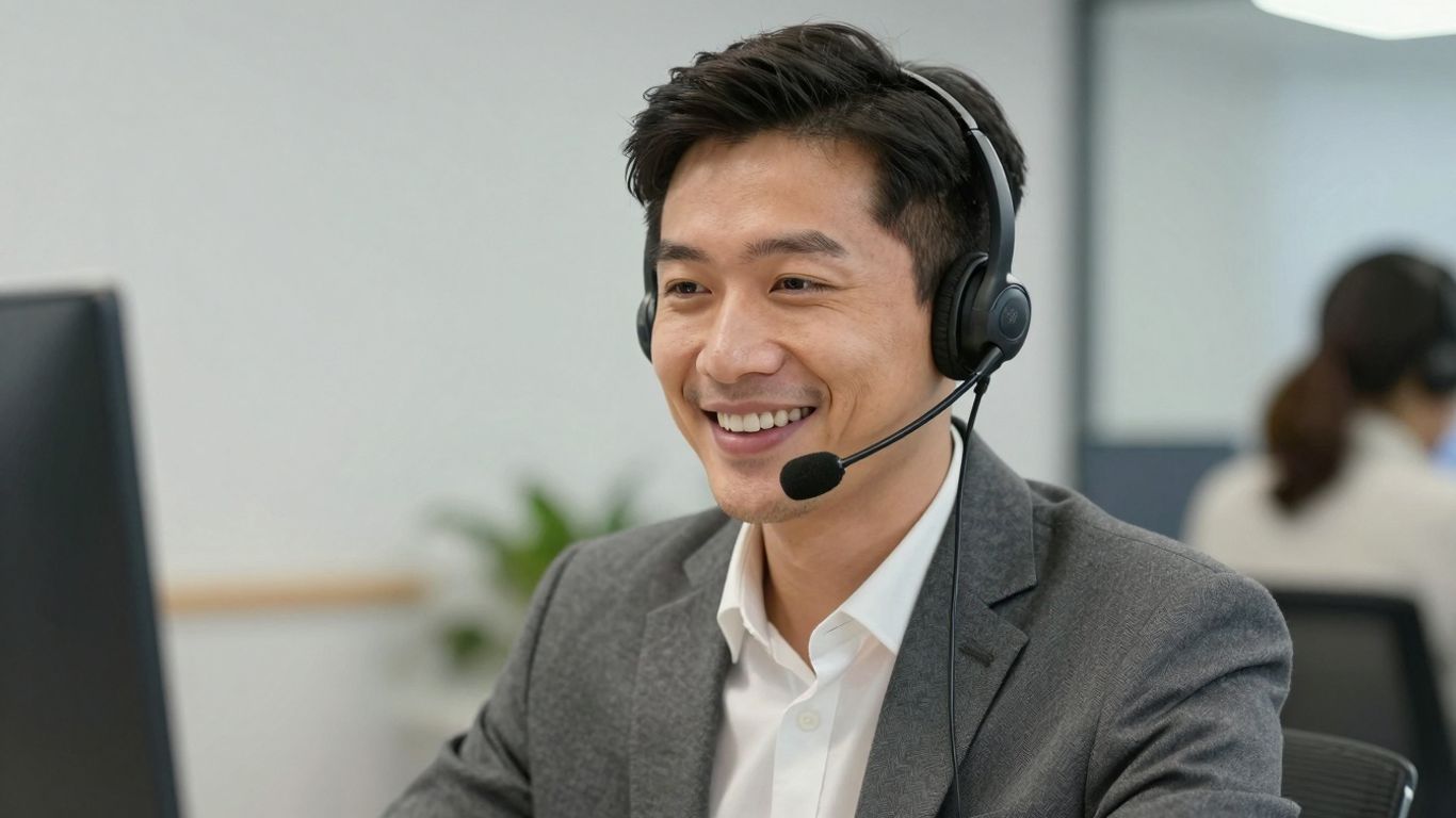 Customer support agent with headset smiling