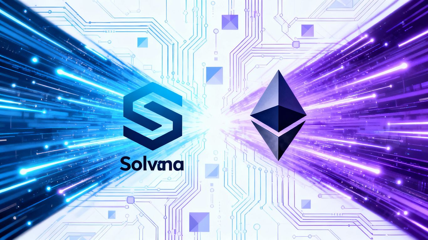 Solana and Ethereum logos in a digital battle.