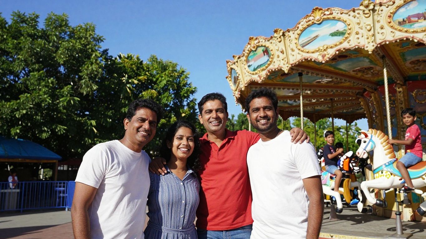 Vrolijke familie voor een kleurrijke draaimolen in een pretpark.