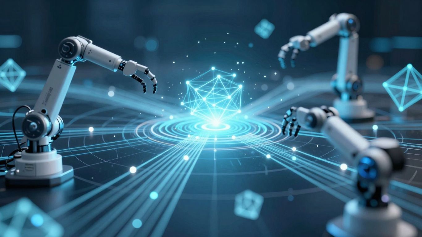 Digital pathways and robotic arms in a secure environment.