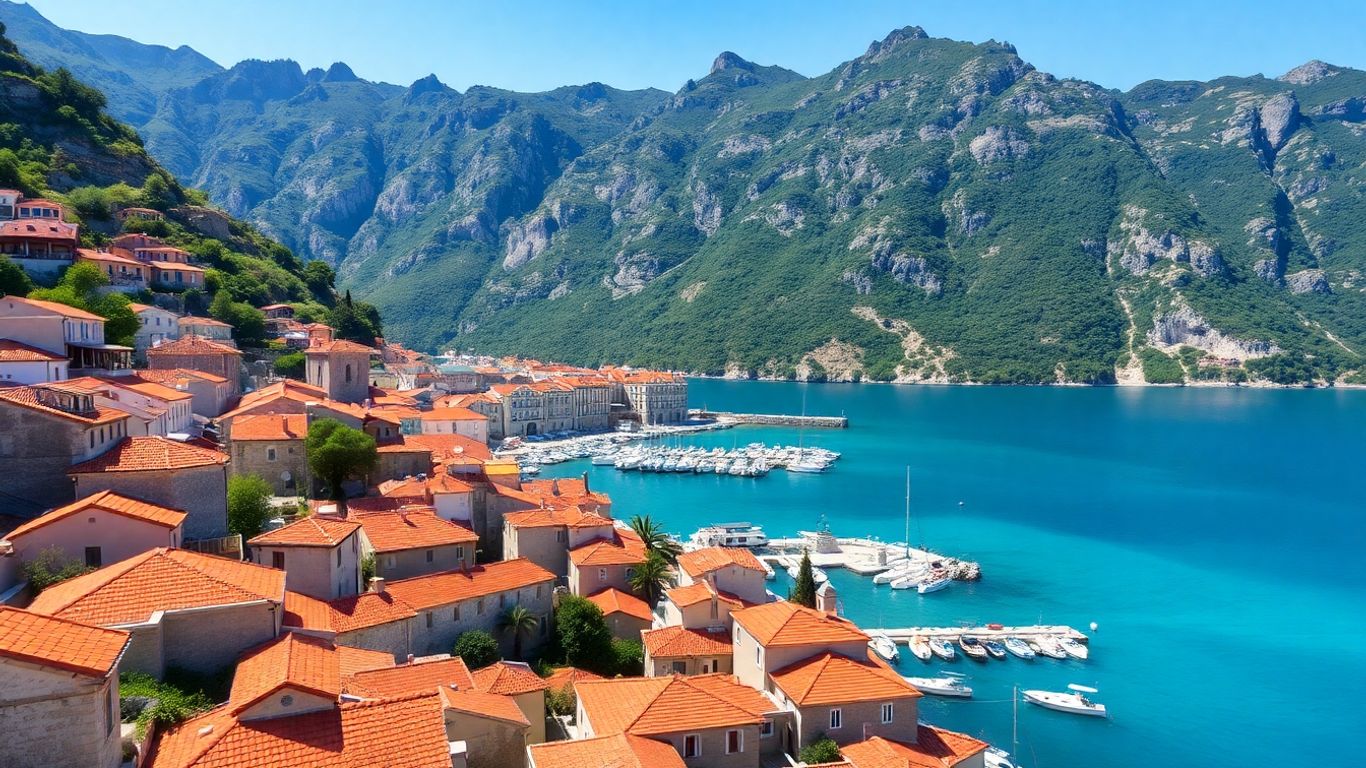 Scenic view of a Montenegrin coastal town with mountains and bay.