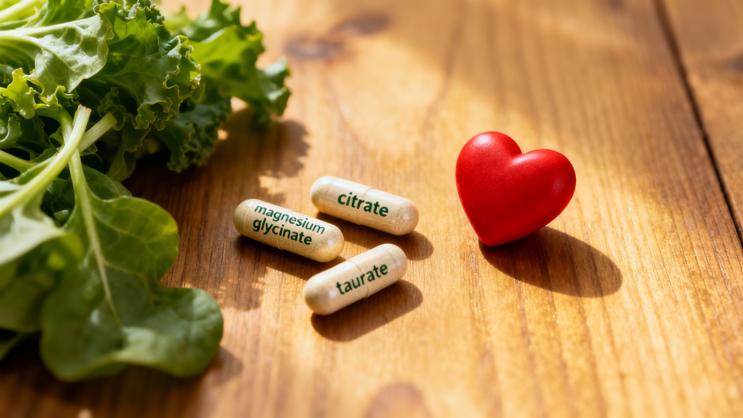 Magnesium capsules with heart and leafy greens