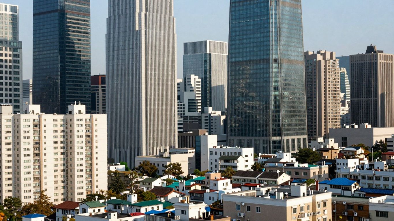 Modern Seoul skyline with contrasting old and new housing.