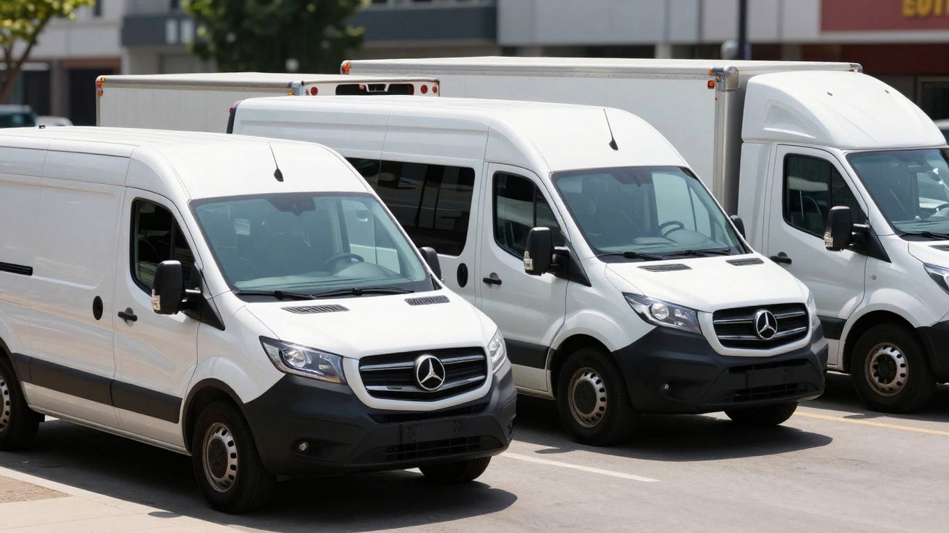 Commercial vehicles parked on a street.