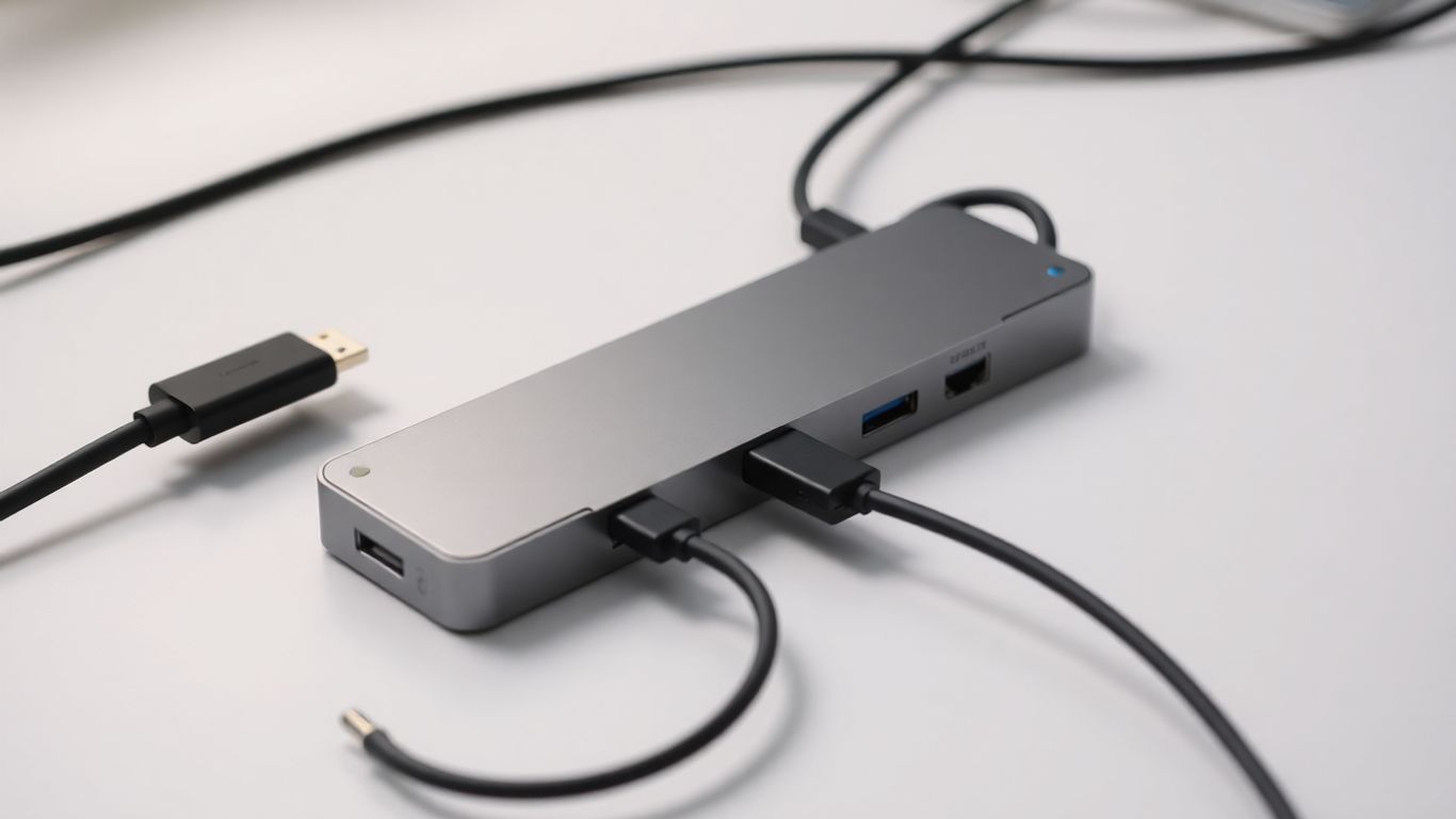 Modern multiport USB hub with connected cables on a desk.