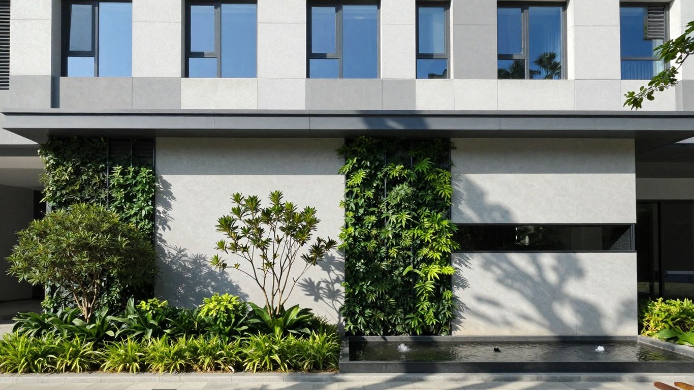 Bâtiment avec verdure et jeux d'eau pour le rafraîchissement.