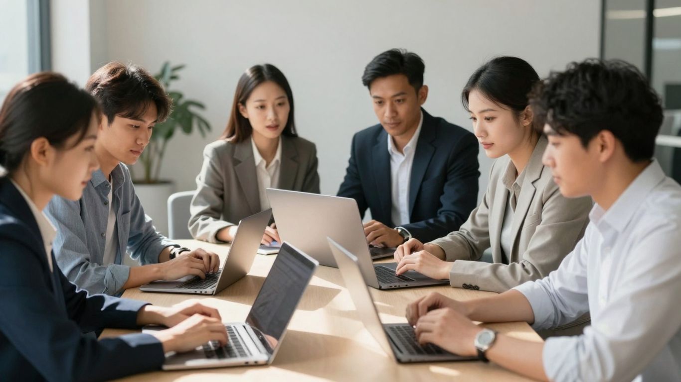 Professionals collaborating with technology in an office.