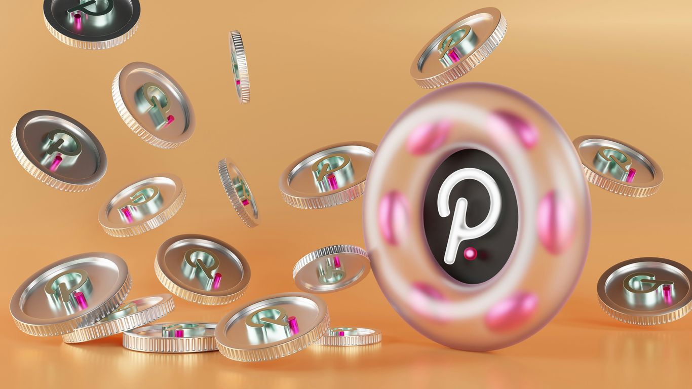 Digital coins with a logo against an orange background.