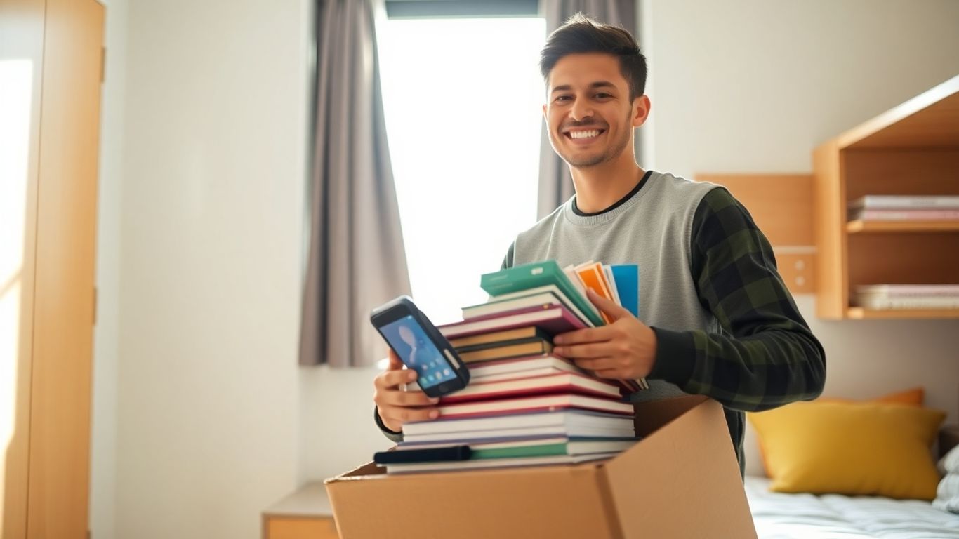 Estudiante feliz empacando en su habitación universitaria.