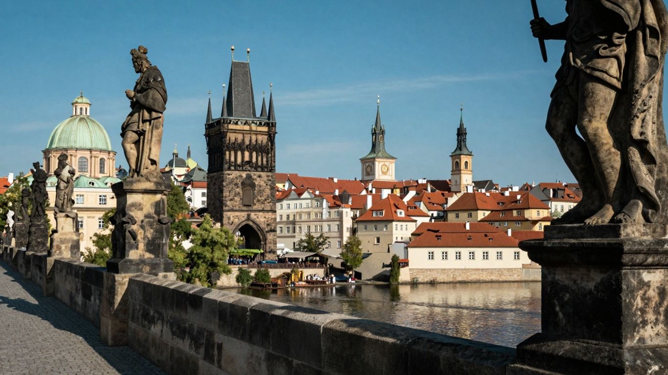 Most Karola w Pradze z kamiennymi posągami i rzeką Wełtawą.