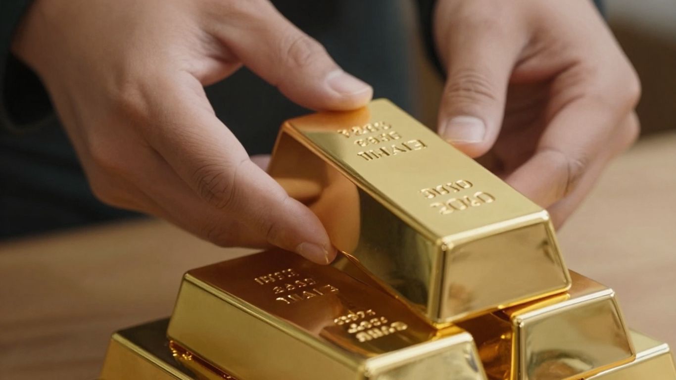 雙手將金條放在一堆金子上。