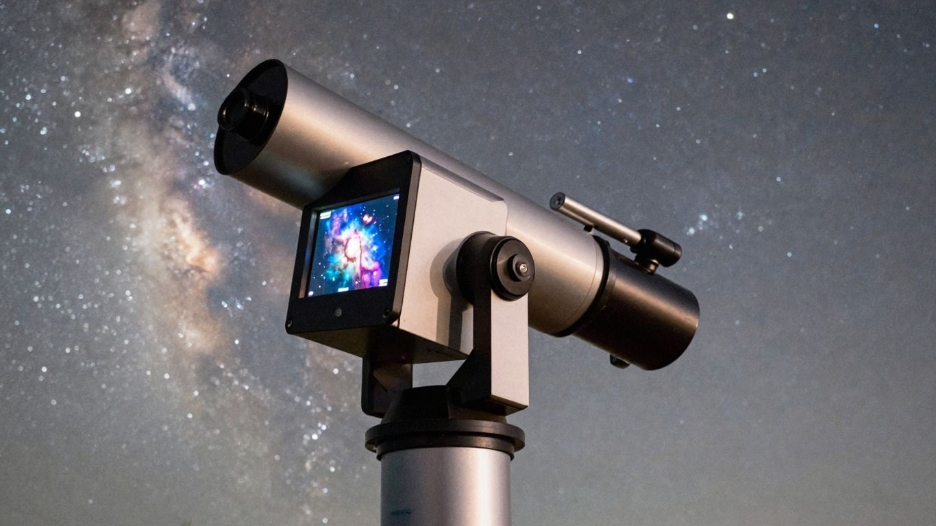 Digitales Teleskop mit Sternenhimmel und Nebelansicht.