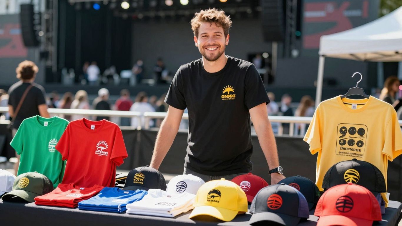 Producer with merchandise table at a concert.