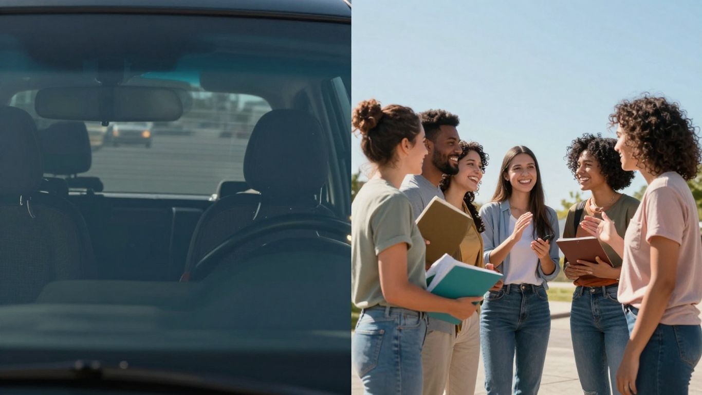 Car and happy people under a bright sky.