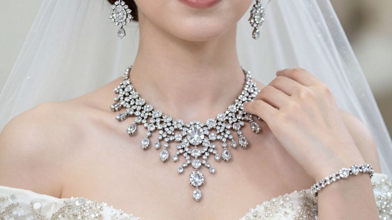 Bride wearing sparkling artificial bridal jewellery set