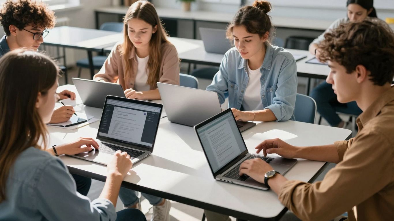Students using technology in a bright, modern classroom.