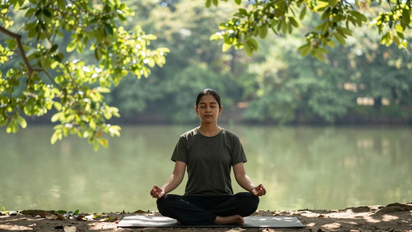 Femeie meditând în natură, liniște interioară.