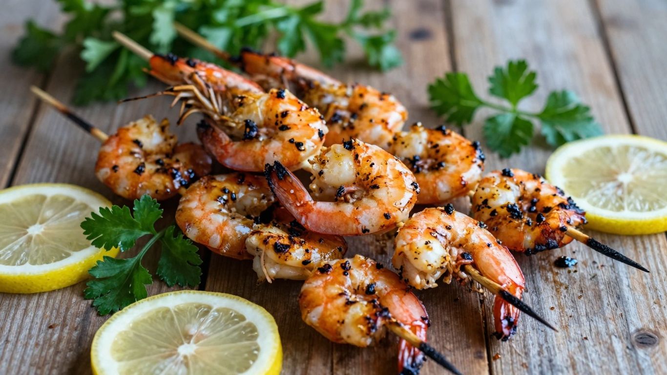 Grilled shrimp skewers with herbs and lemon.