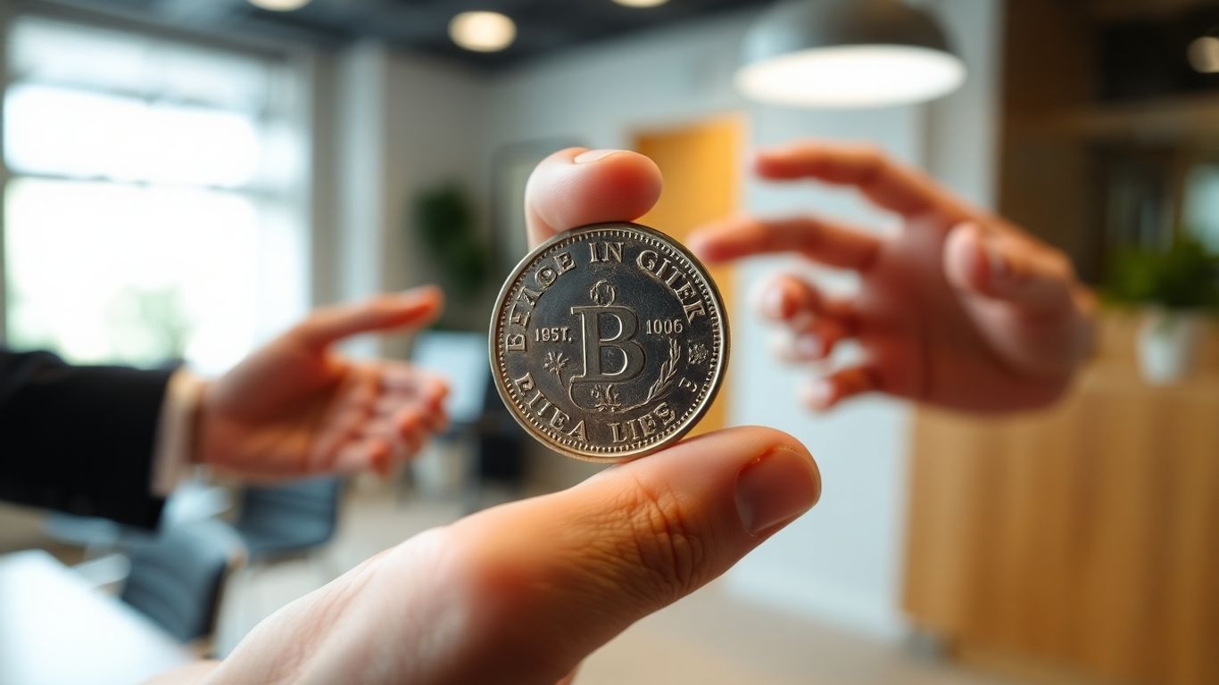 Hand holding a valuable coin in a professional setting.