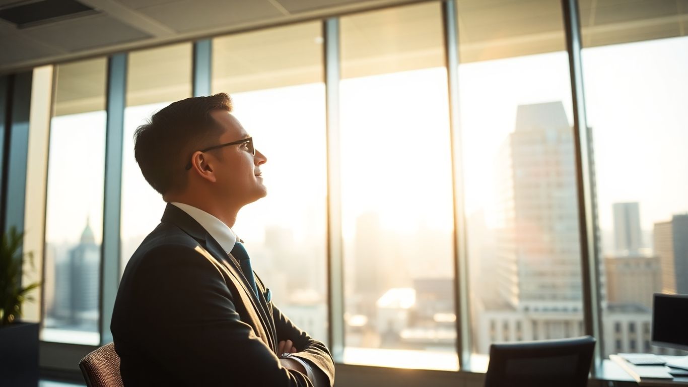 Professional looking out office window at cityscape