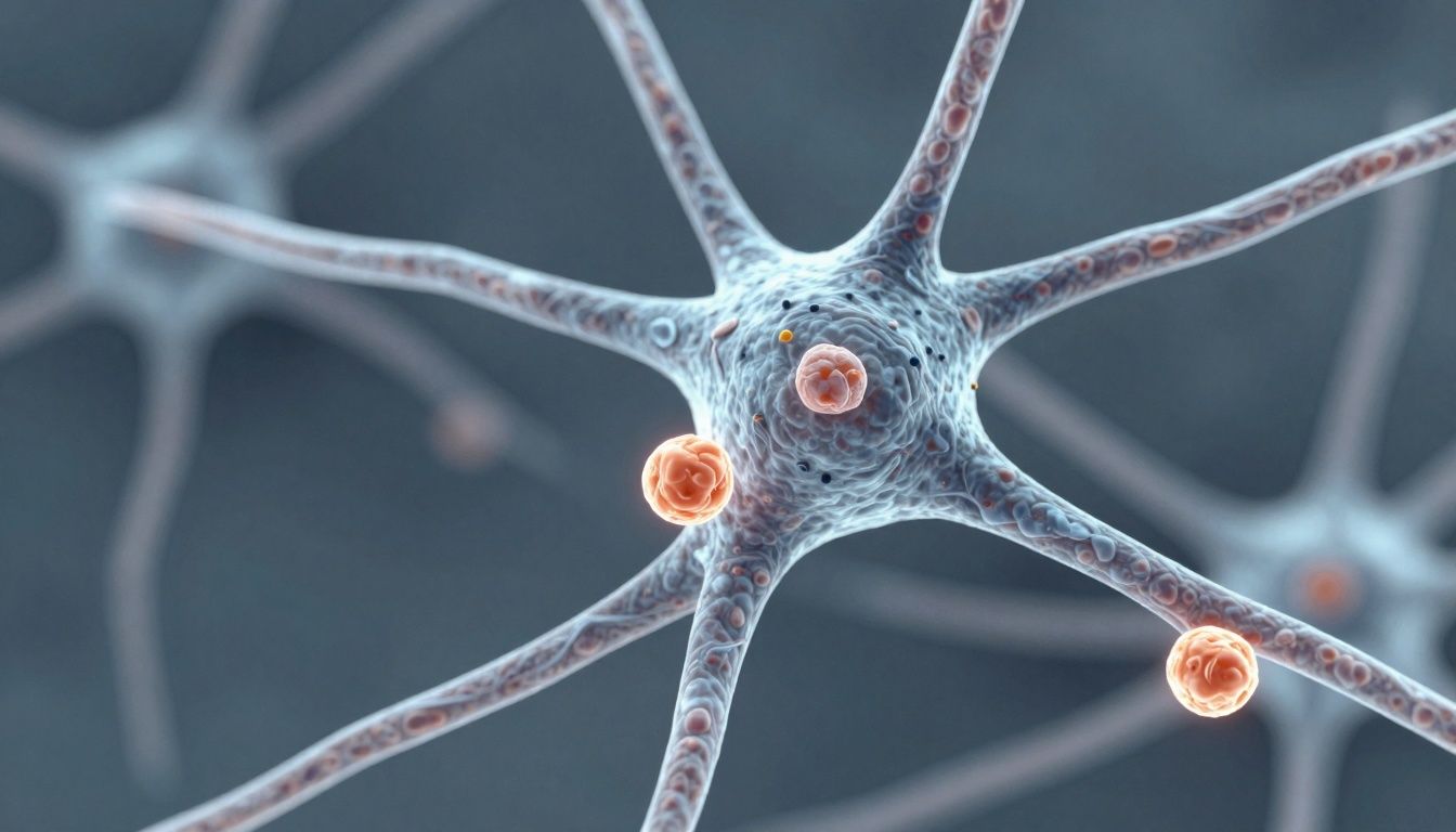 Microscopic image of neuronal connections with highlighted synapses, relating to neurodegeneration