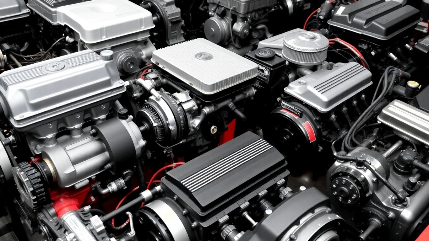 Various car engines and motors displayed.