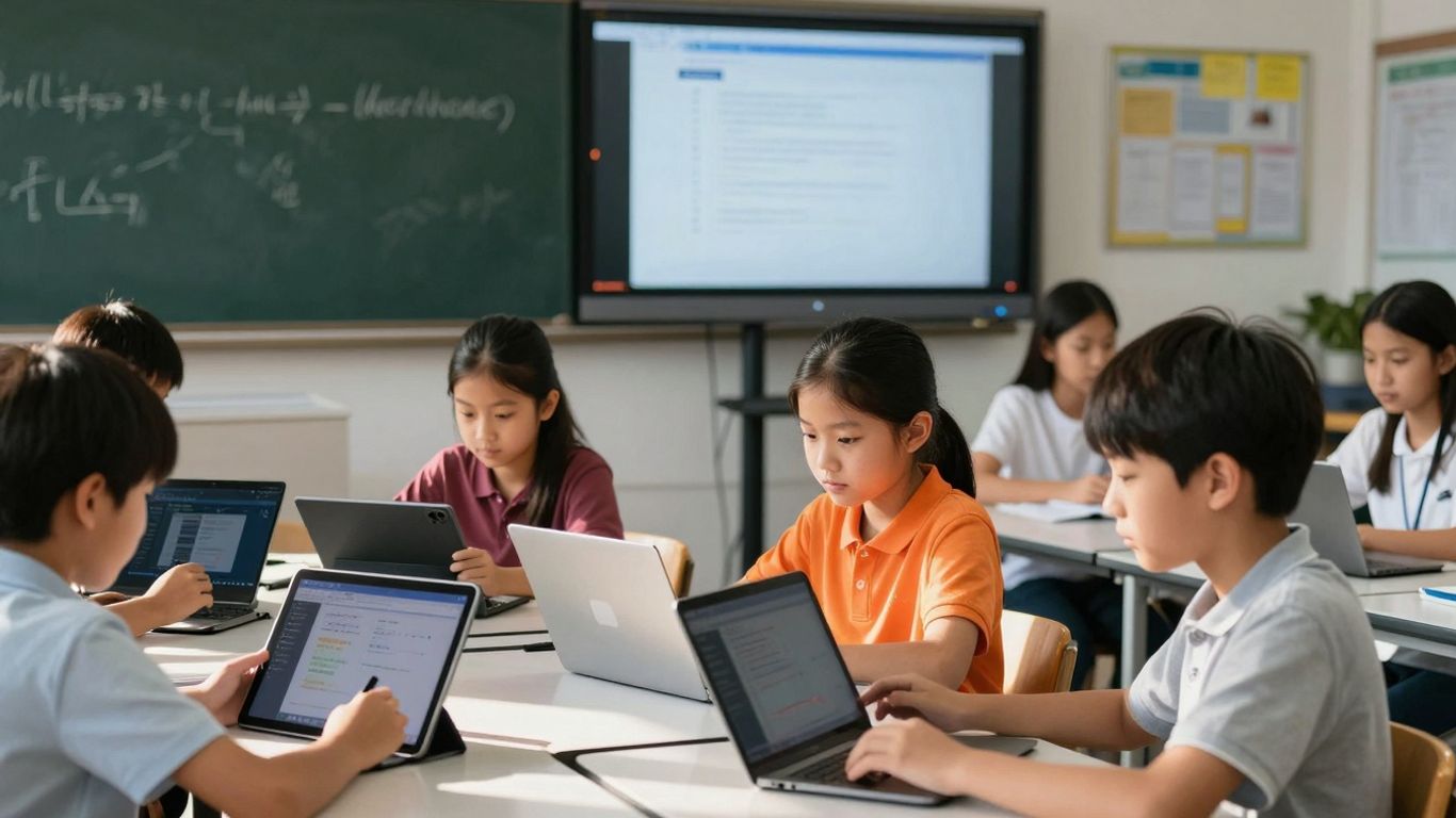 Elevi fericiți folosind tablete într-o sală de clasă modernă.