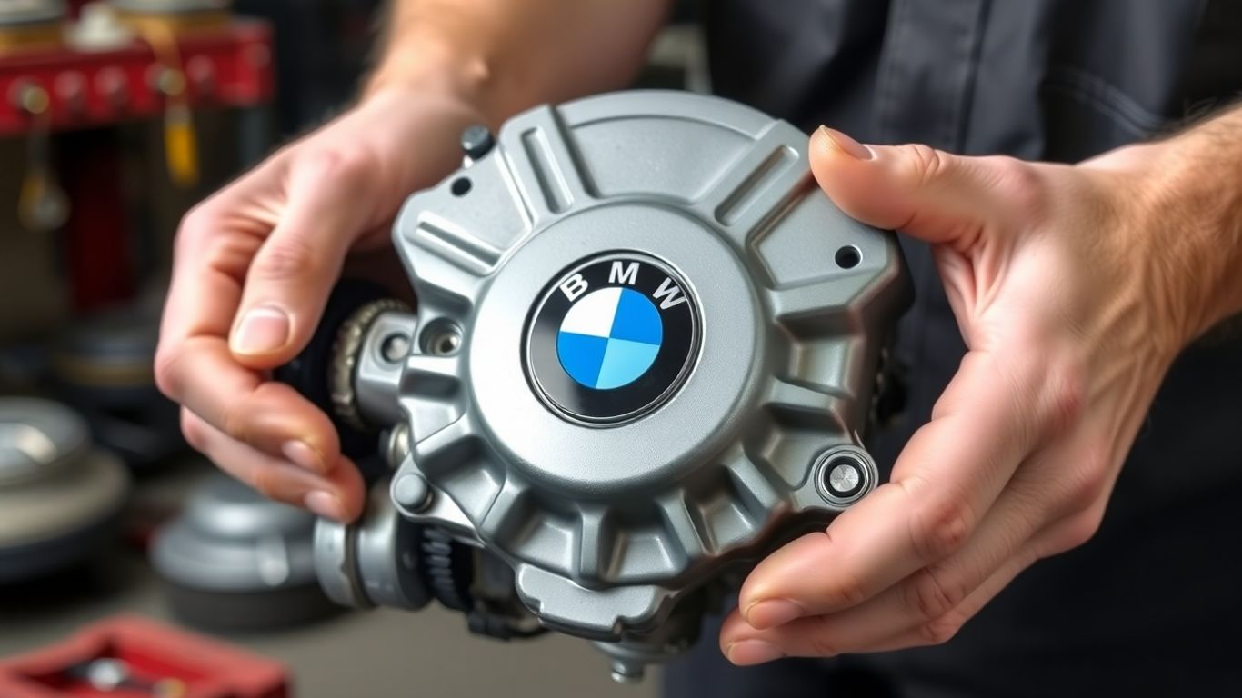 Mechanic holding BMW engine part