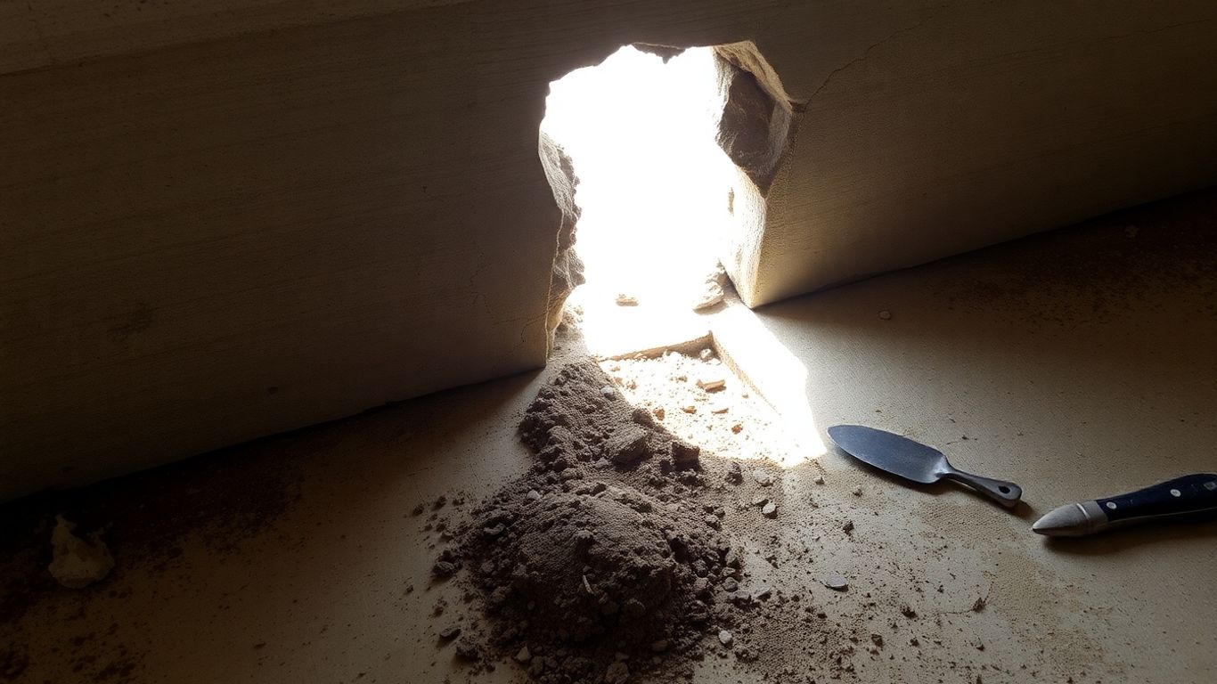 Cracked concrete foundation with scattered tools and loose soil.