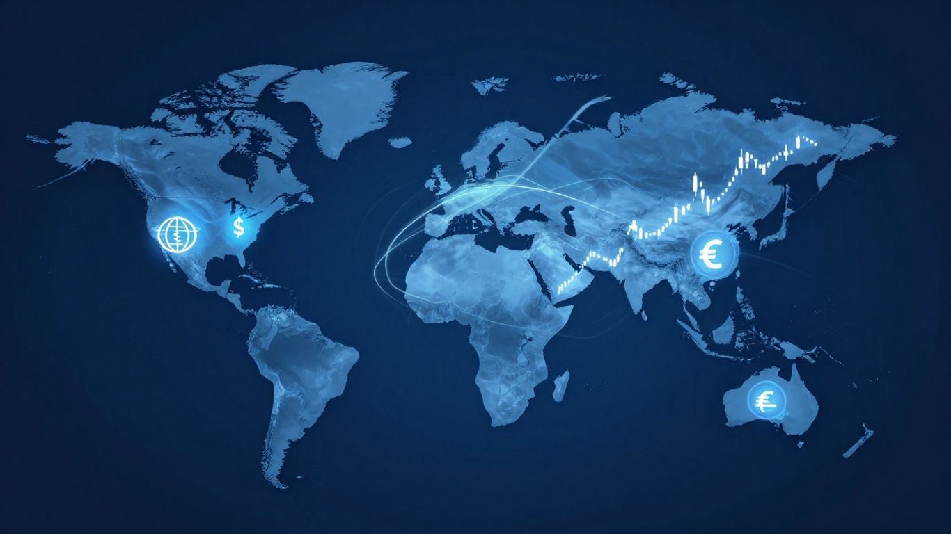 Hărți globale cu simboluri financiare și monede.