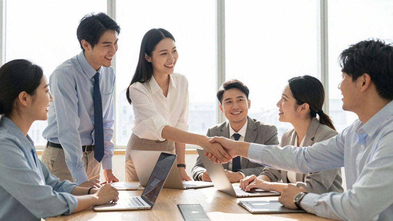 Mensen schudden handen in een modern kantoor.