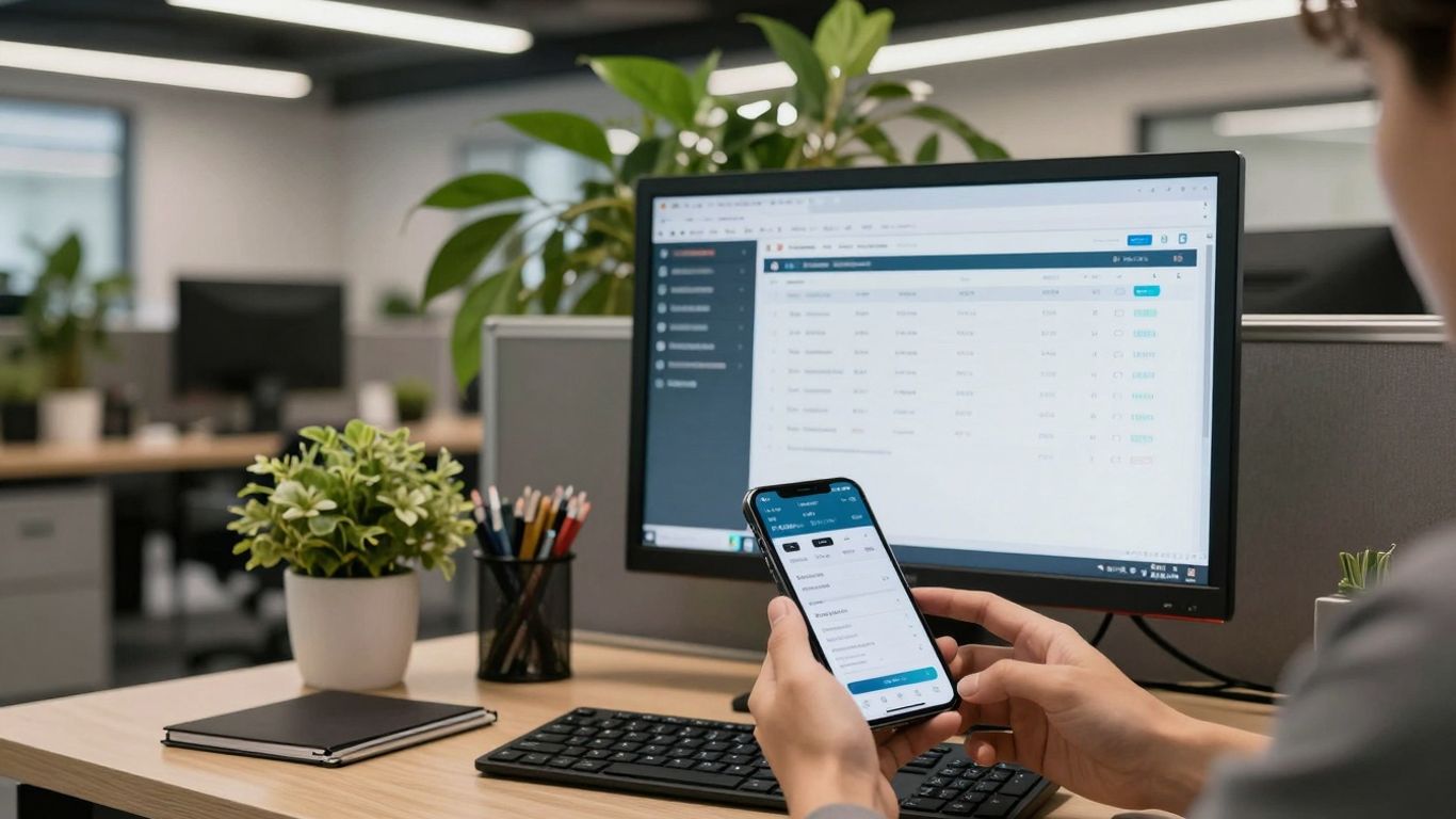 Sports club software interface on computer and phone.