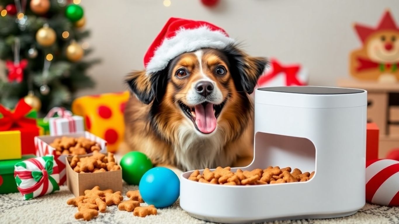 Dog with holiday toys and a smart pet gadget.