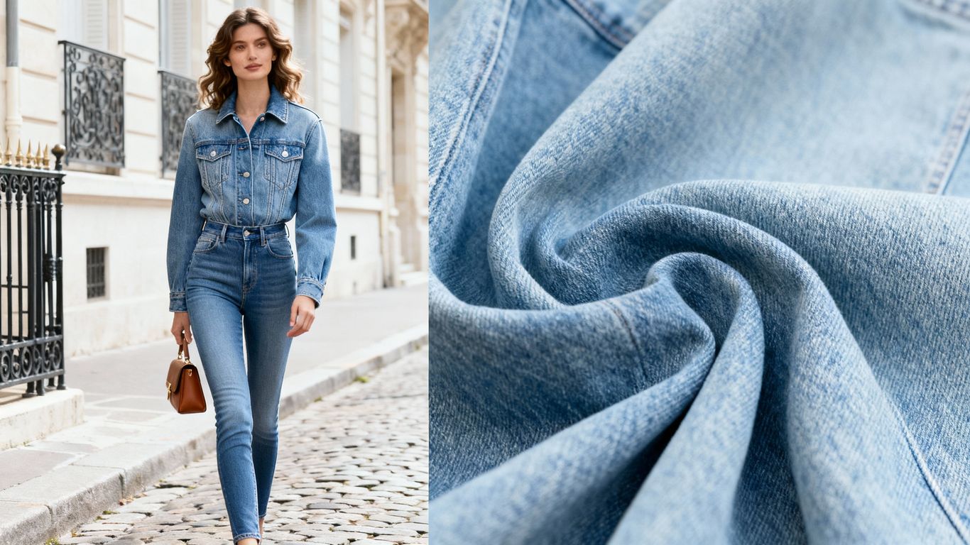 Woman in chic denim outfit, Parisian backdrop.