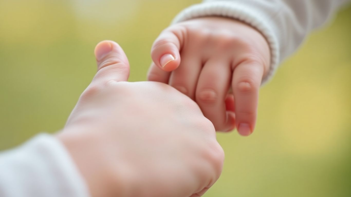 Baby's hand holding adult finger, close-up.