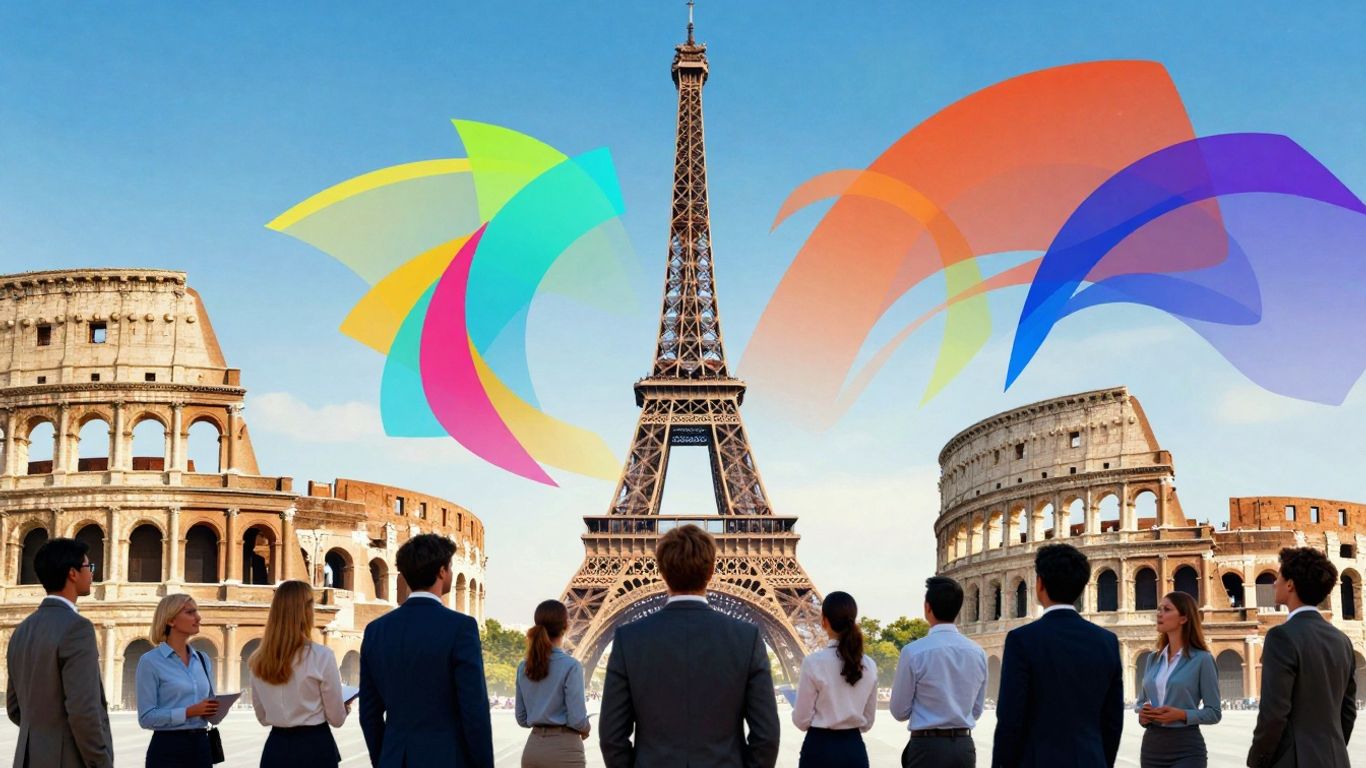 European landmarks and diverse professionals in a marketing guide image.