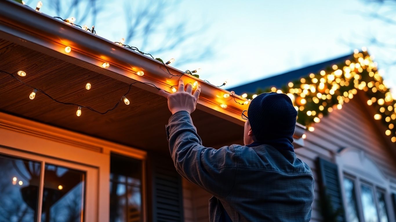 Christmas lights being installed on a house.