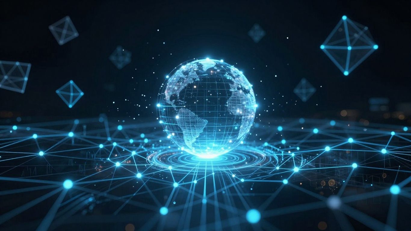 Digital network with glowing nodes and data streams.