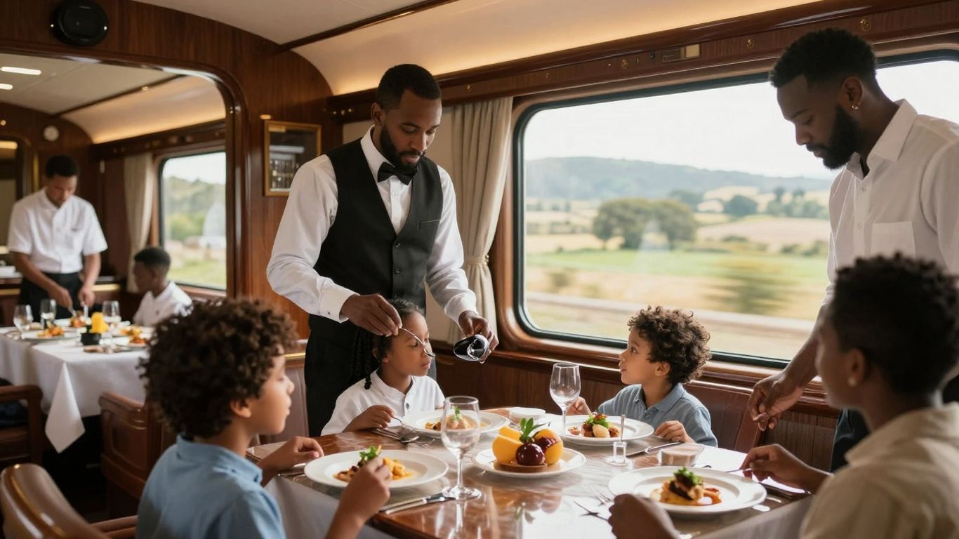 Family dining in a luxurious private train car.