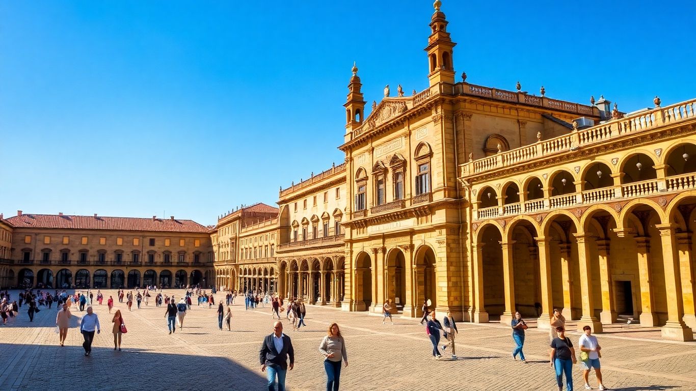 Plaza Mayor de Salamanca com edifícios ornamentados de arenito e céu azul.