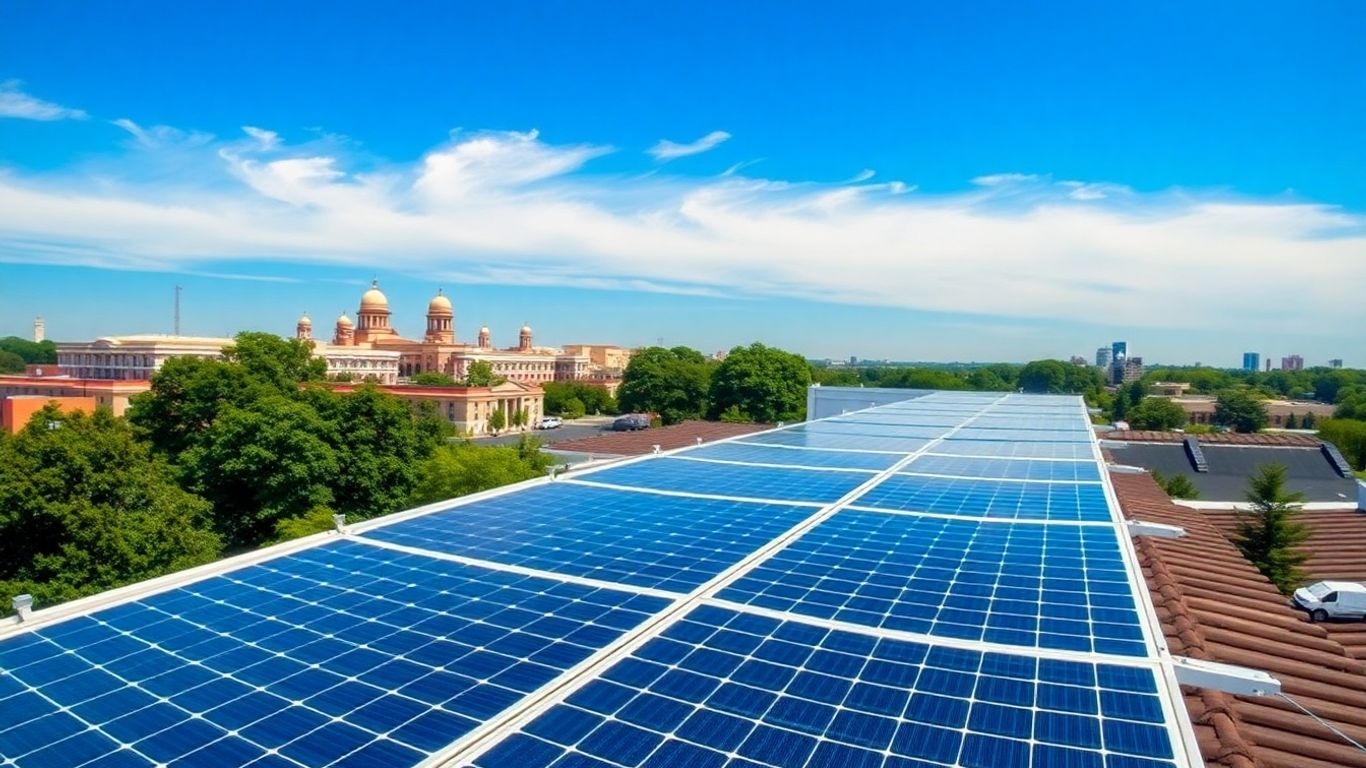 Solar panels on rooftop with official buildings