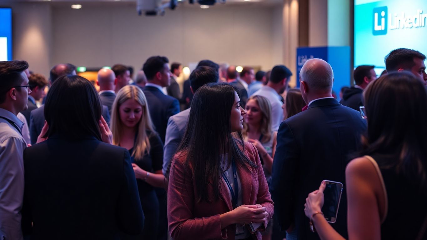 Professionals networking at a LinkedIn event.