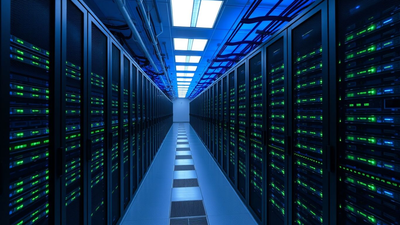 Centru de date modern cu servere iluminate.