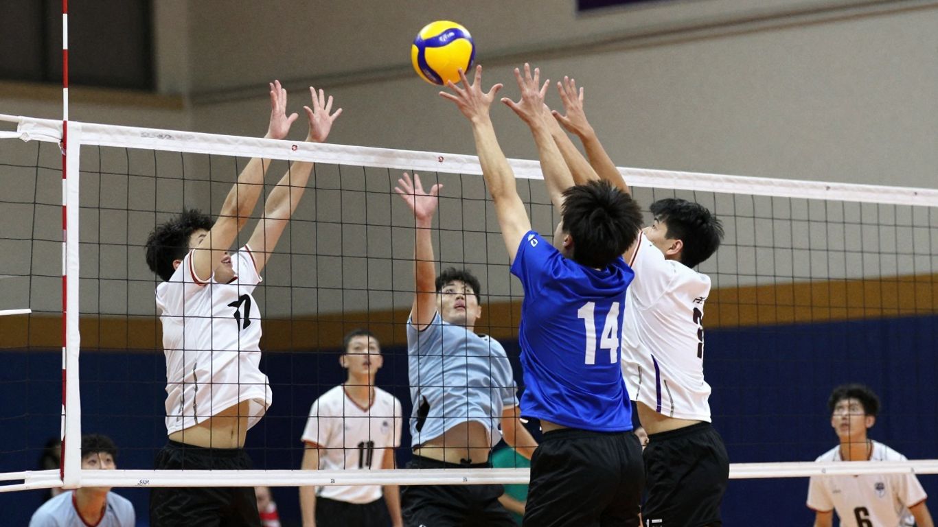 Jucători de volei în acțiune lângă fileu