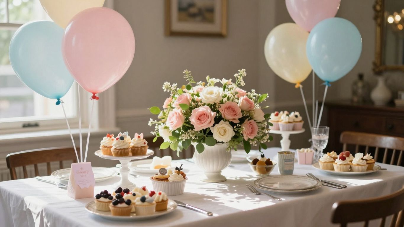 Beautiful baby shower setup in Dallas with balloons and flowers.