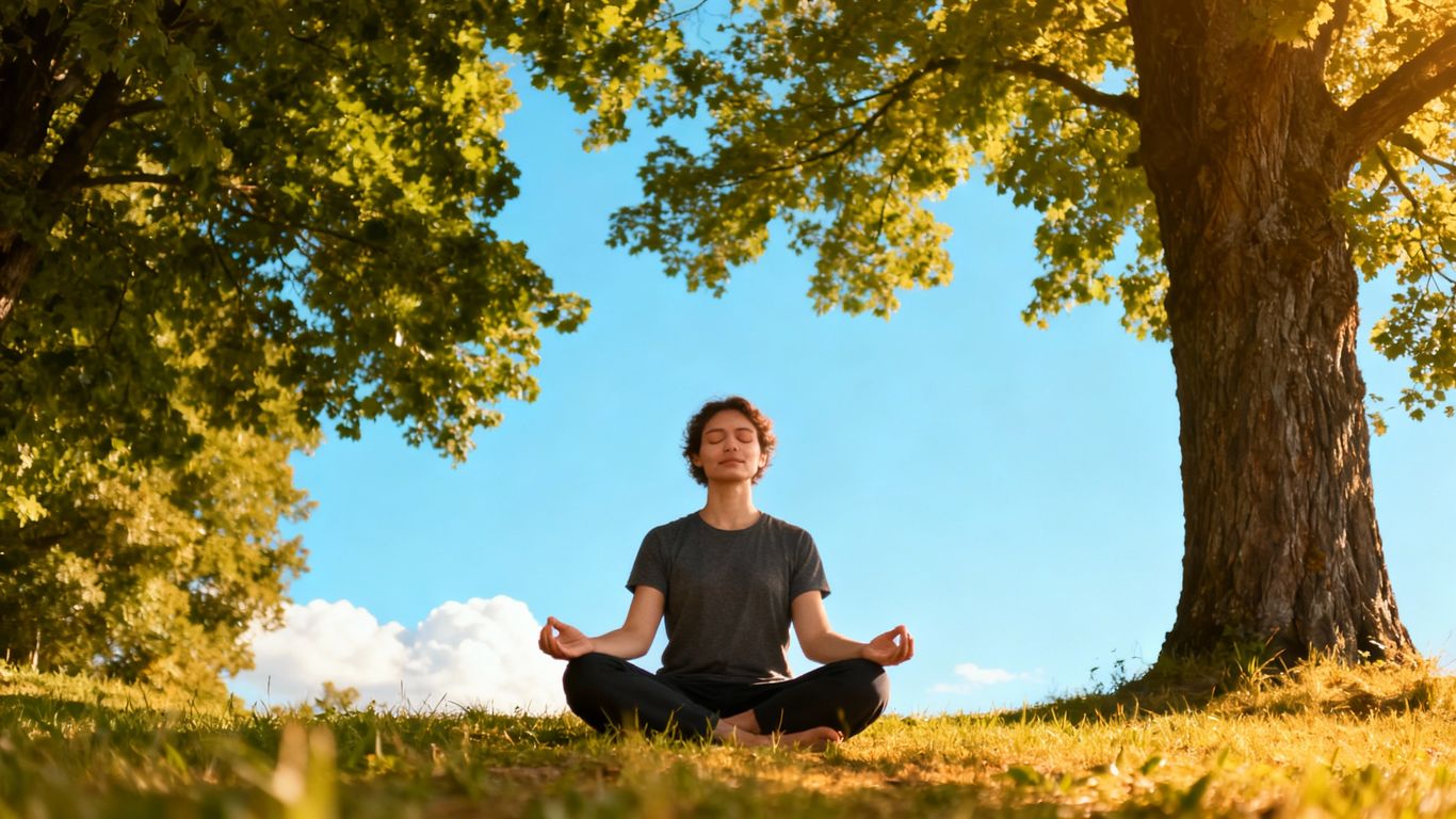 Person meditating peacefully in a serene outdoor landscape.