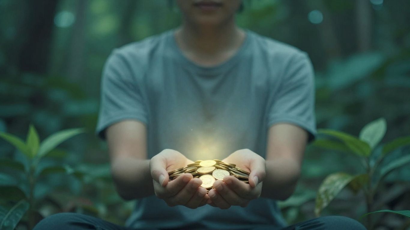 Pessoa meditando com moedas de ouro e plantas verdes.