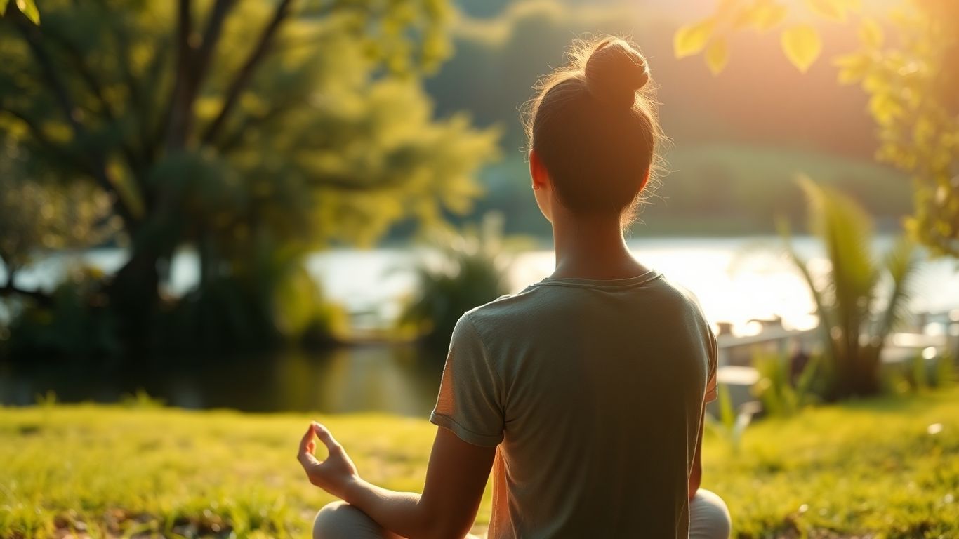 Person meditating peacefully in a serene natural setting.